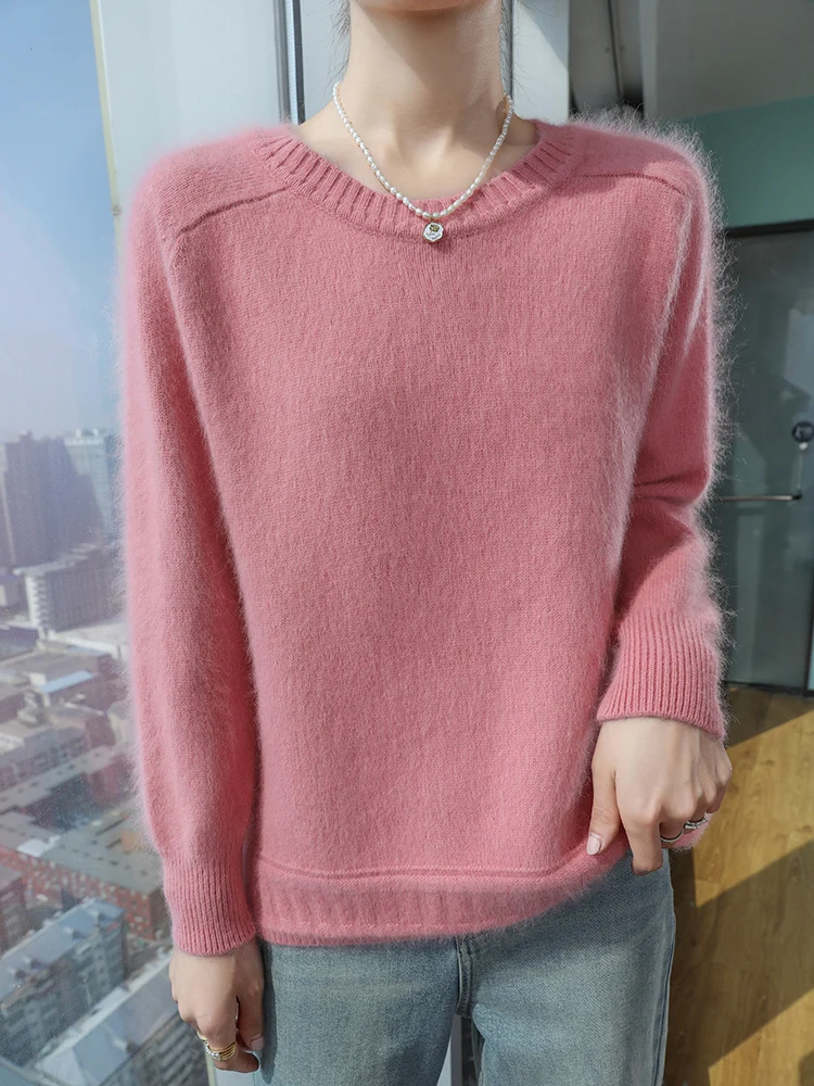 

TLOML осень-зима, новый женский свитер из 100% норки и кашемира, пуловер с круглым вырезом, базовая повседневная мягкая теплая одежда с длинными рукавами, топы