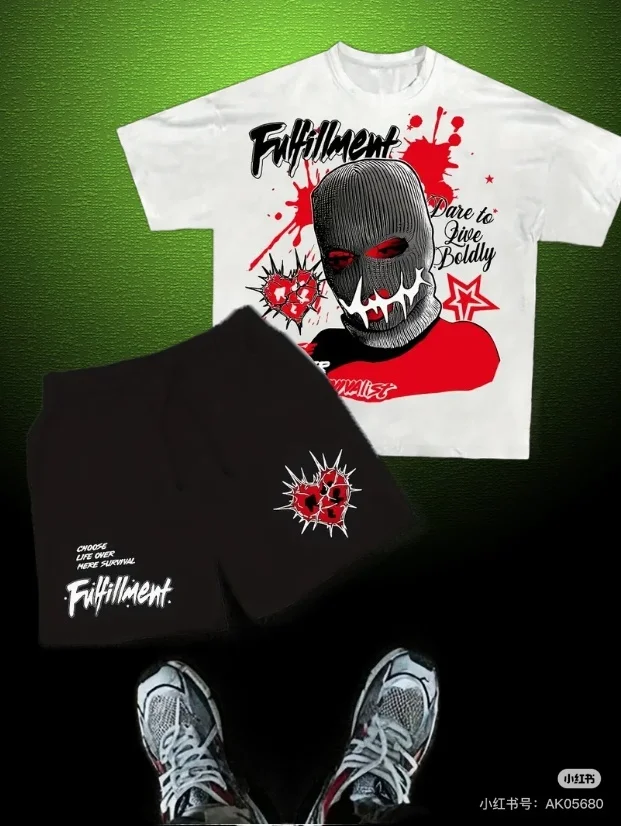 

Fashion Men's Black and White Flower Graphic Print T-shirt Shorts 2-piece Set O-neck Short Sleeve Top Elastic Waist Shorts Set