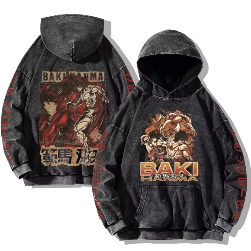 Baki Hanma Hoodie Trendi Antik Pria Wanita Bertudung Gambar Cetak Anime Kaus Katun Dicuci Ukuran Besar Pakaian Jalanan Uniseks Harajuku