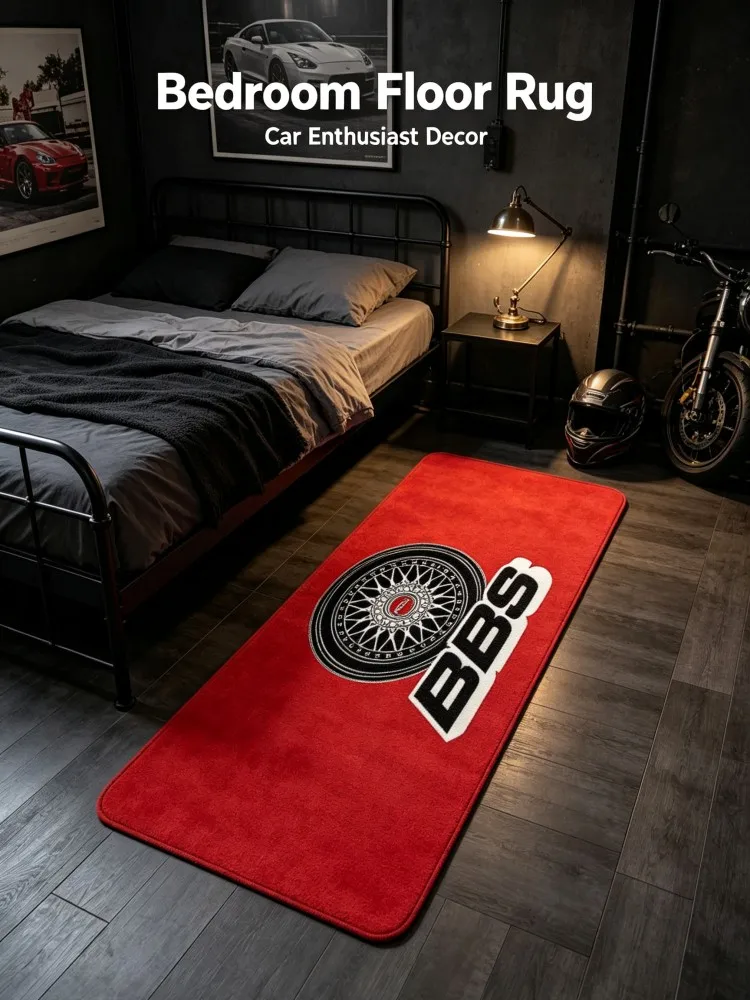 Red BBS Wheel Hub Long Floor Runner Rug Soft Flannel Non‑Slip Carpet Auto Tuning Racing Culture Decor Mat For Garage Bedroom Gam