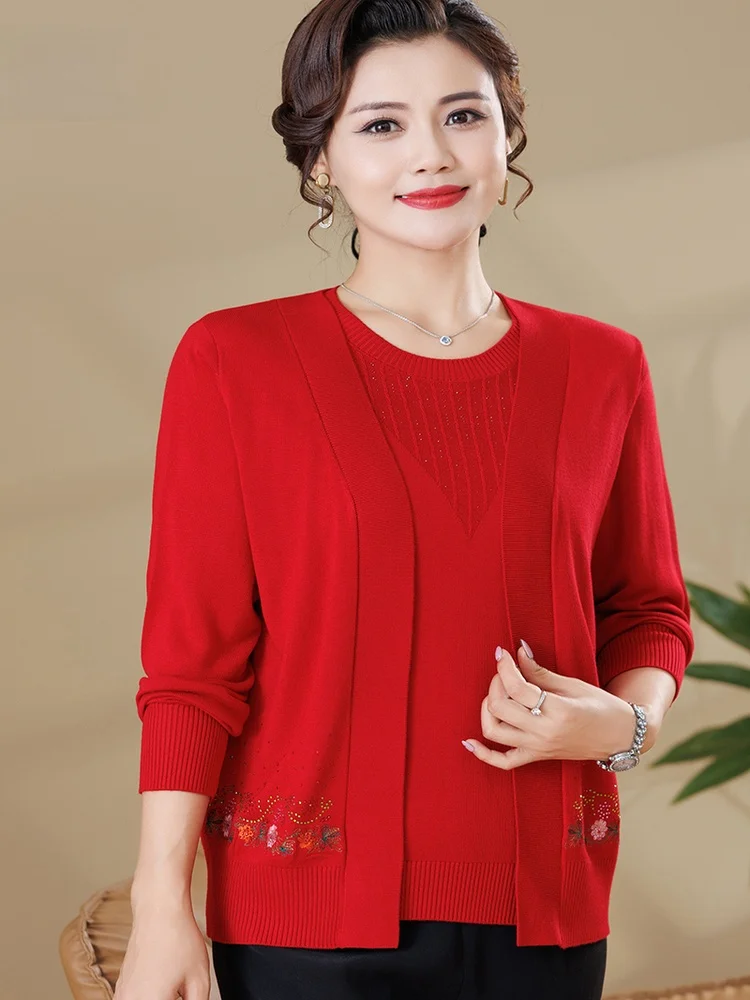 

Ele вязаный открытый кардиган, комплект из двух предметов для женщин среднего возраста, верхнее пальто с вышивкой, тонкое осеннее пальто Faion Ape, свободный крой