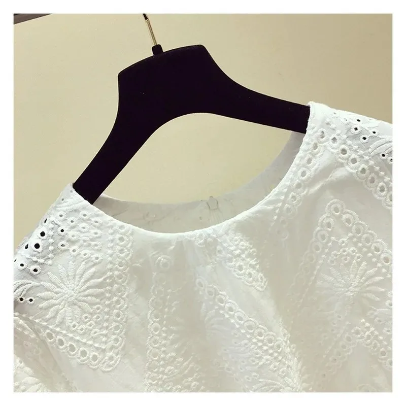 Summer Shirts Hook Flower Short Sleeve Lace Shirt White Lace Top Women Korean Fashion New Small Blouse Women White Blouse 13439