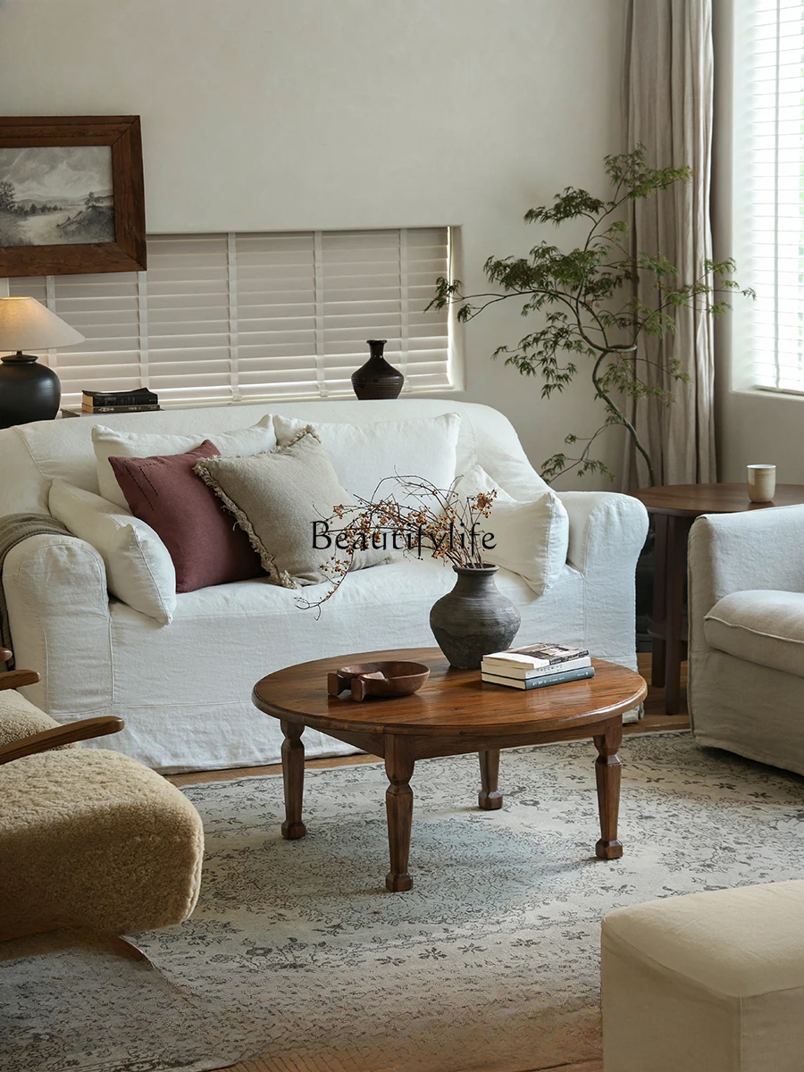 オールドポメロコーヒーテーブル\わびさびレトロスタイルオール無垢材ラウンドベッドアンドブレックファストリビングルームティーテーブル