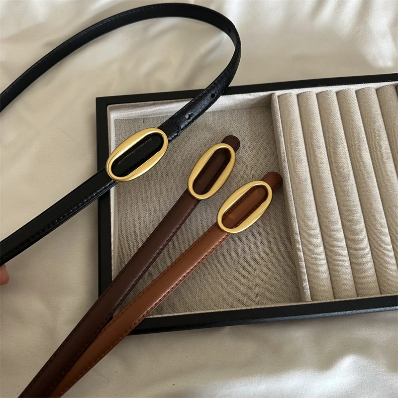 

Женский тонкий кожаный ремень с ретро-золотой пряжкой, черный/коричневый, для джинсов, платьев, брюк