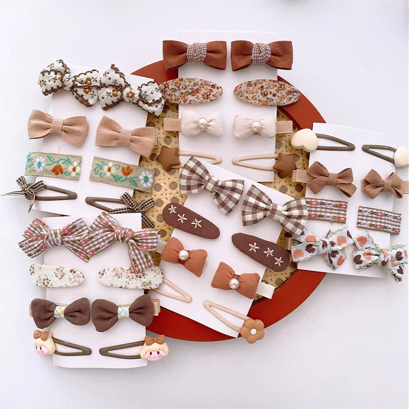 8Pcs/lot Chocolate Fabric Bow Hair Clips Baby Mini Hair Flower Print Kids Hair Clips Girl Accessories Children Headwear