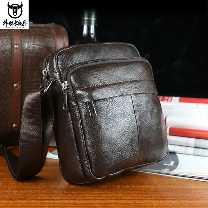 Real leather square multi-pocket men one shoulder durable waterproof large capacity travel portable crossbody bag