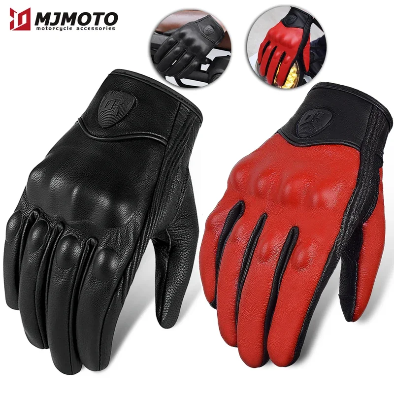 Classic Retro Goat Leather Motorcycle Riding Gloves Full Finger Protective Moto Gloves Men Women Sheeoskin Glove Black Red