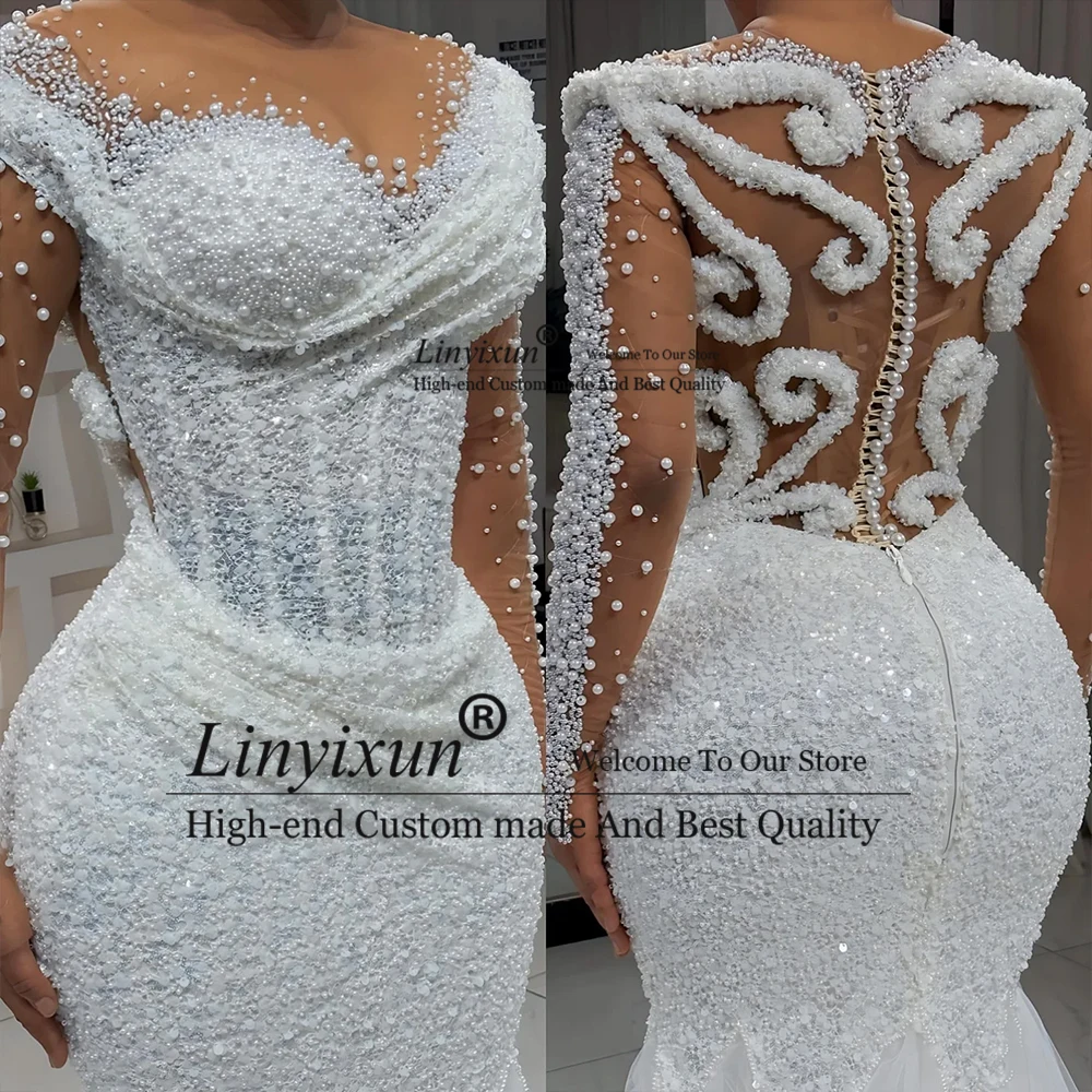 Abiti da sposa romantici con perle 2025 Abiti da sposa a sirena in tulle Maniche lunghe Abito da sposa Donna Personalizzato hochzeitkleider damen