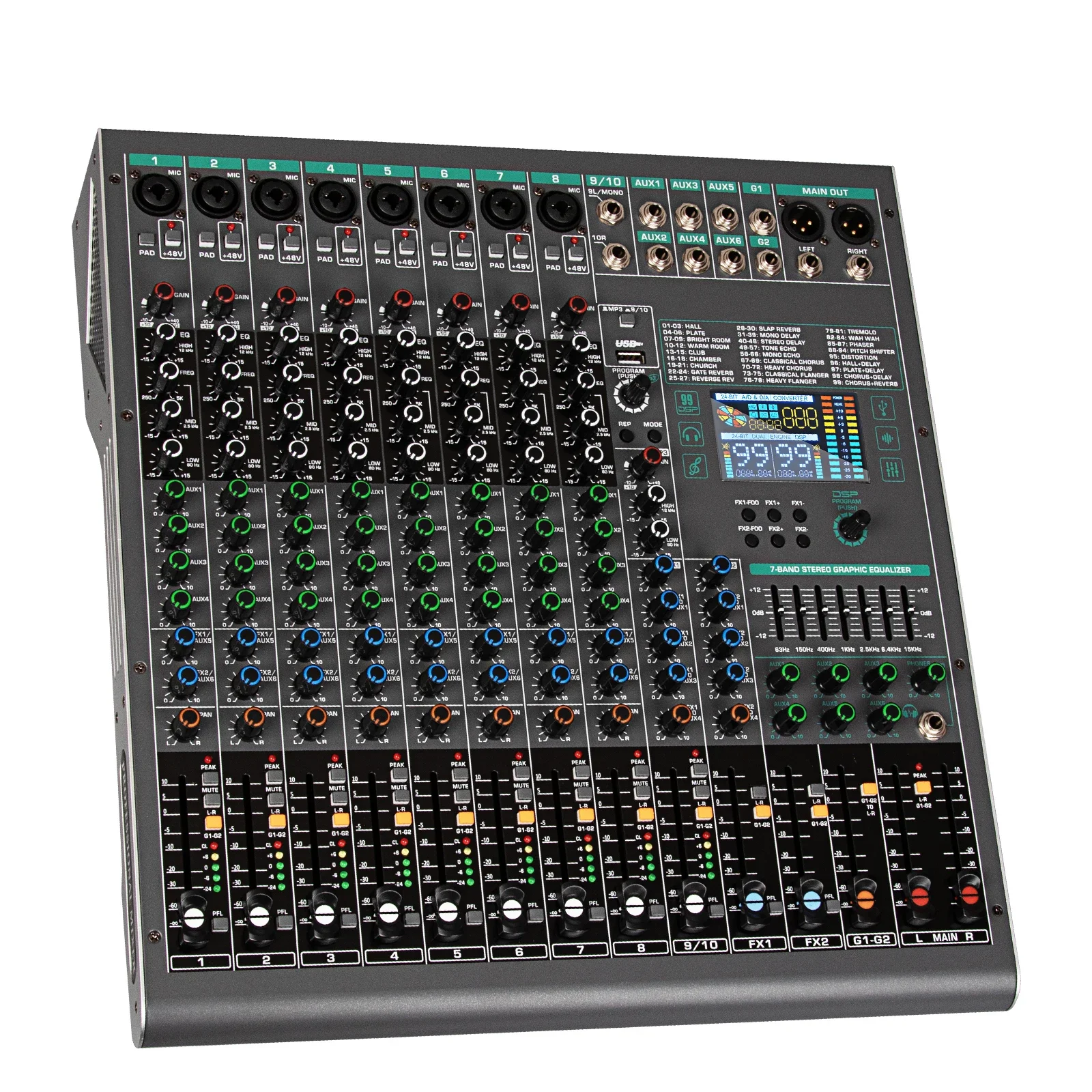 Biner Professional TG10 99-effect DSP Audio Console Mixer 10 Channel USB Interface Audio Console