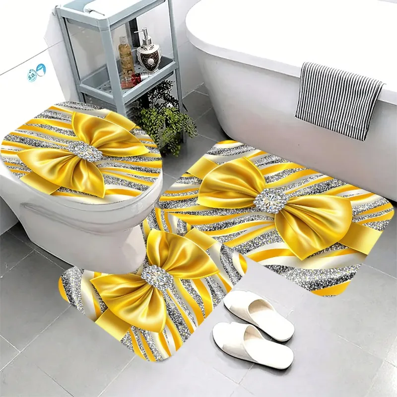 

3pcs set of yellow bow - themed toilet - slip mats and floor mats. Suitable for toilets and bathroom doorways. Made of soft flan