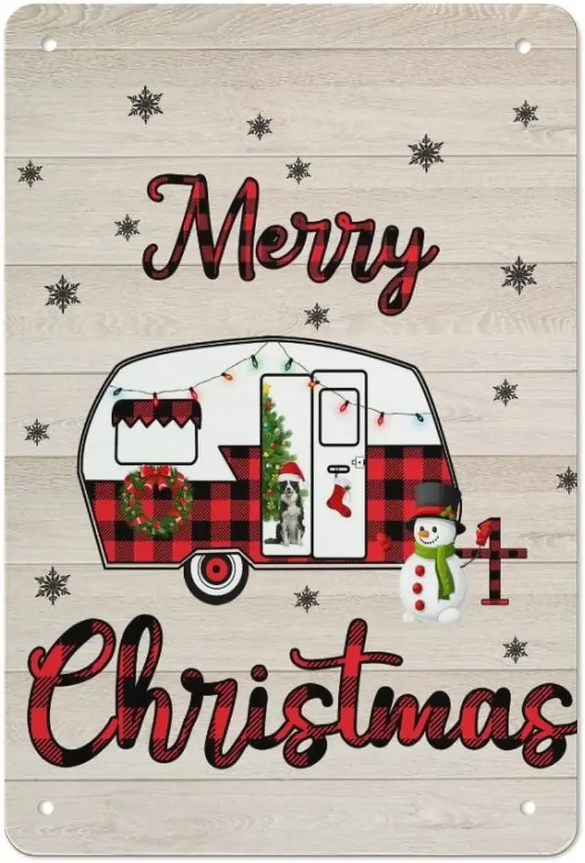 Christmas Tin Sign Merry Christmas Caravan Tree Snowflake Tin Painting Vintage Wall Decoration Indoor and Outdoor Home