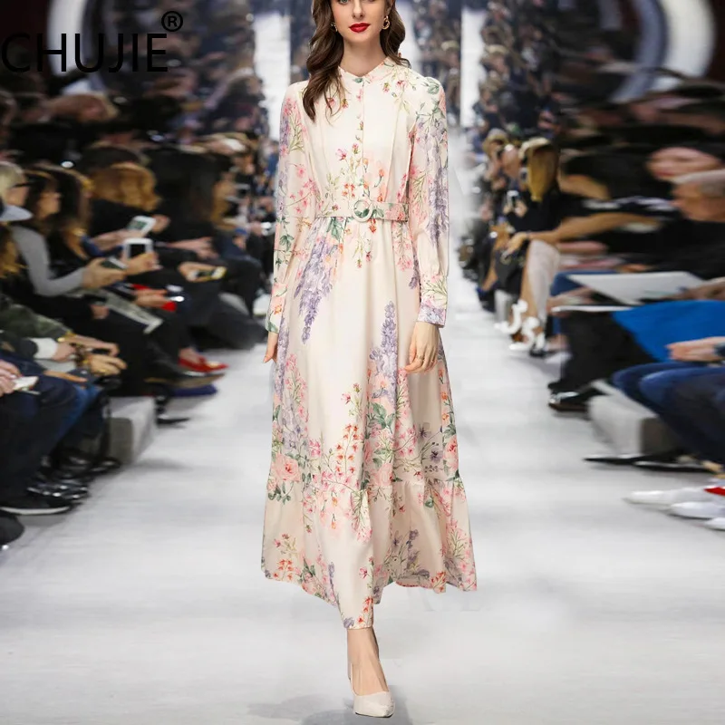 

CHUJIE Women's Dress Fashionable Sweet Casual Stand up Collar Long Sleeve Printed Single breasted Strap Dress 2025 Spring New