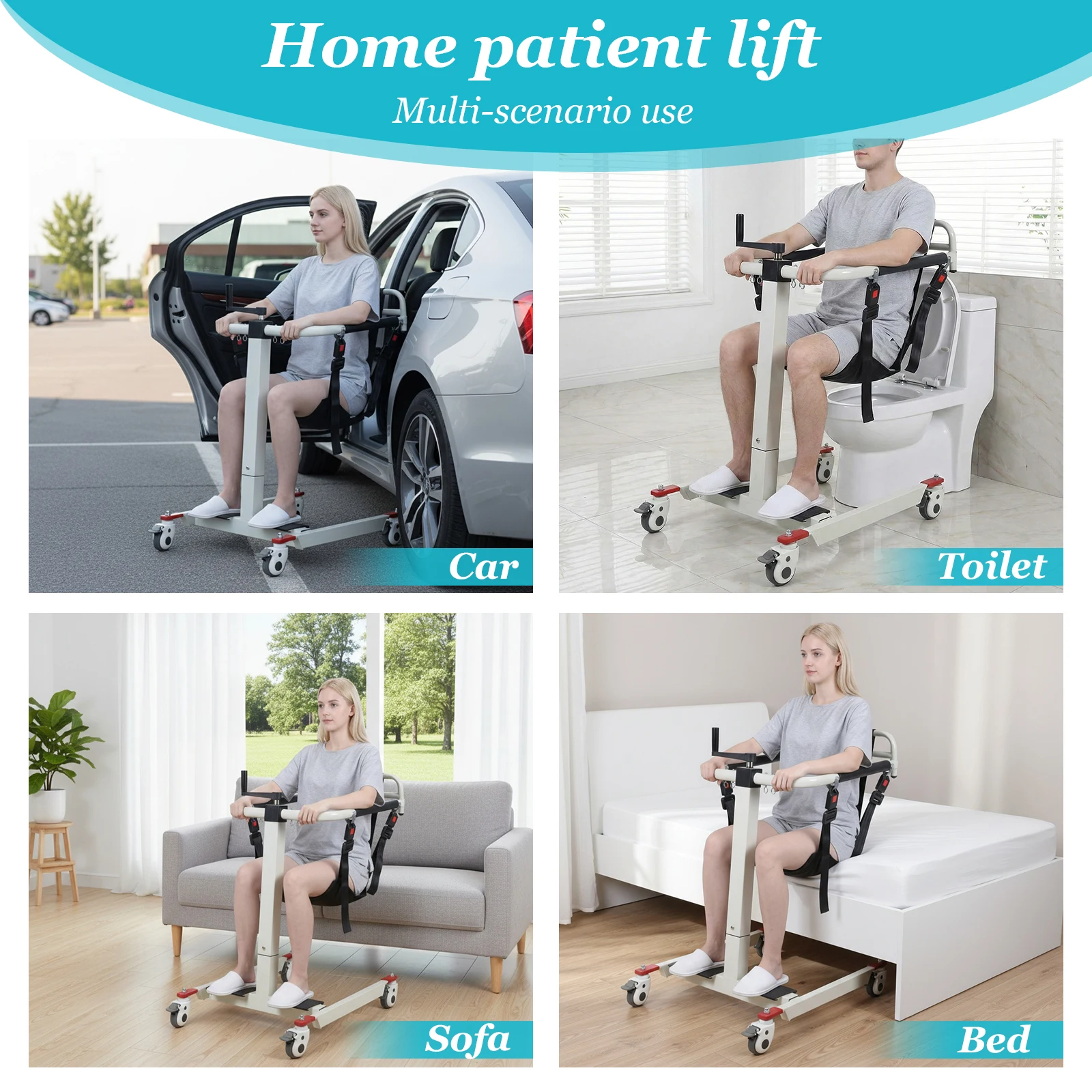 Bedside Commode Transport Chair with Adjustable Height & Width Home Nursing Lift Transfer Chair with Wheels for Elderly/Disabled