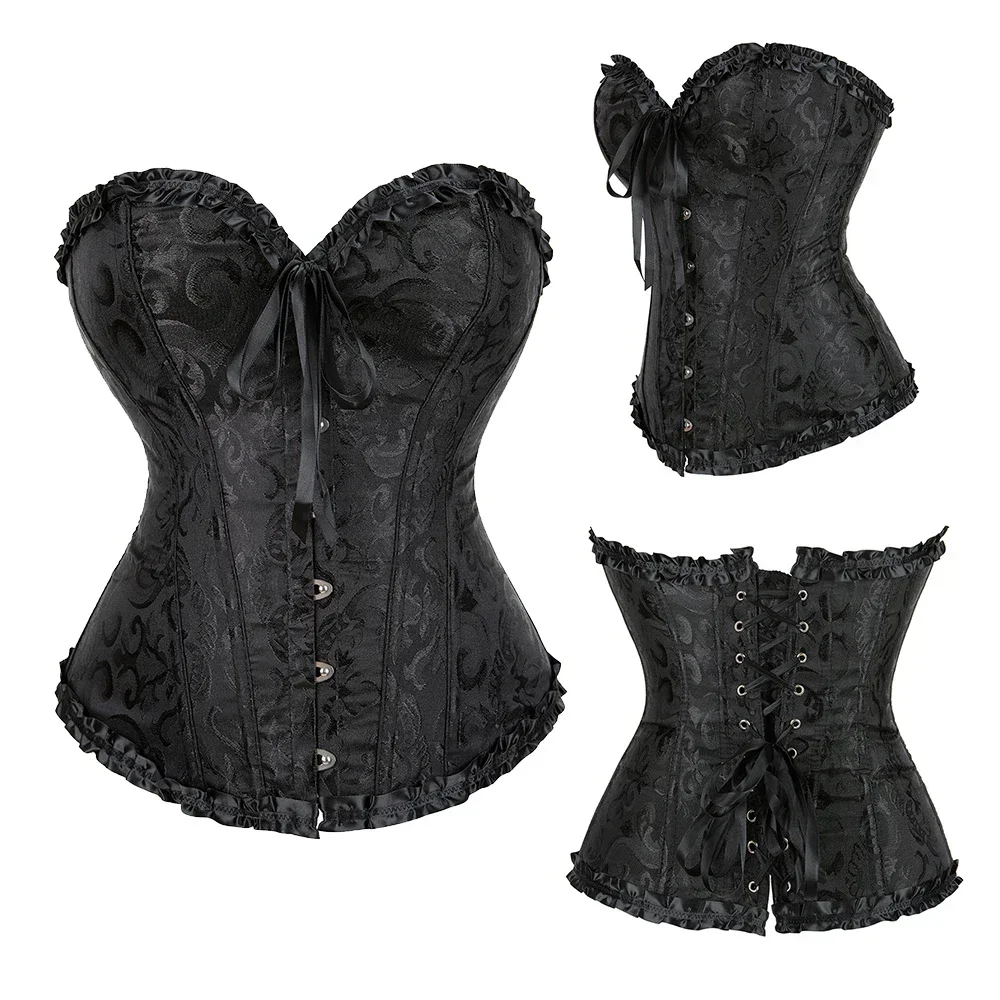 Frauen Korsett Top Jacquard Overbust Bustier Viktorianischen Sexy Lace up Floral Dessous Korset Vintage Gothic Basken Kostüm – Detail 2