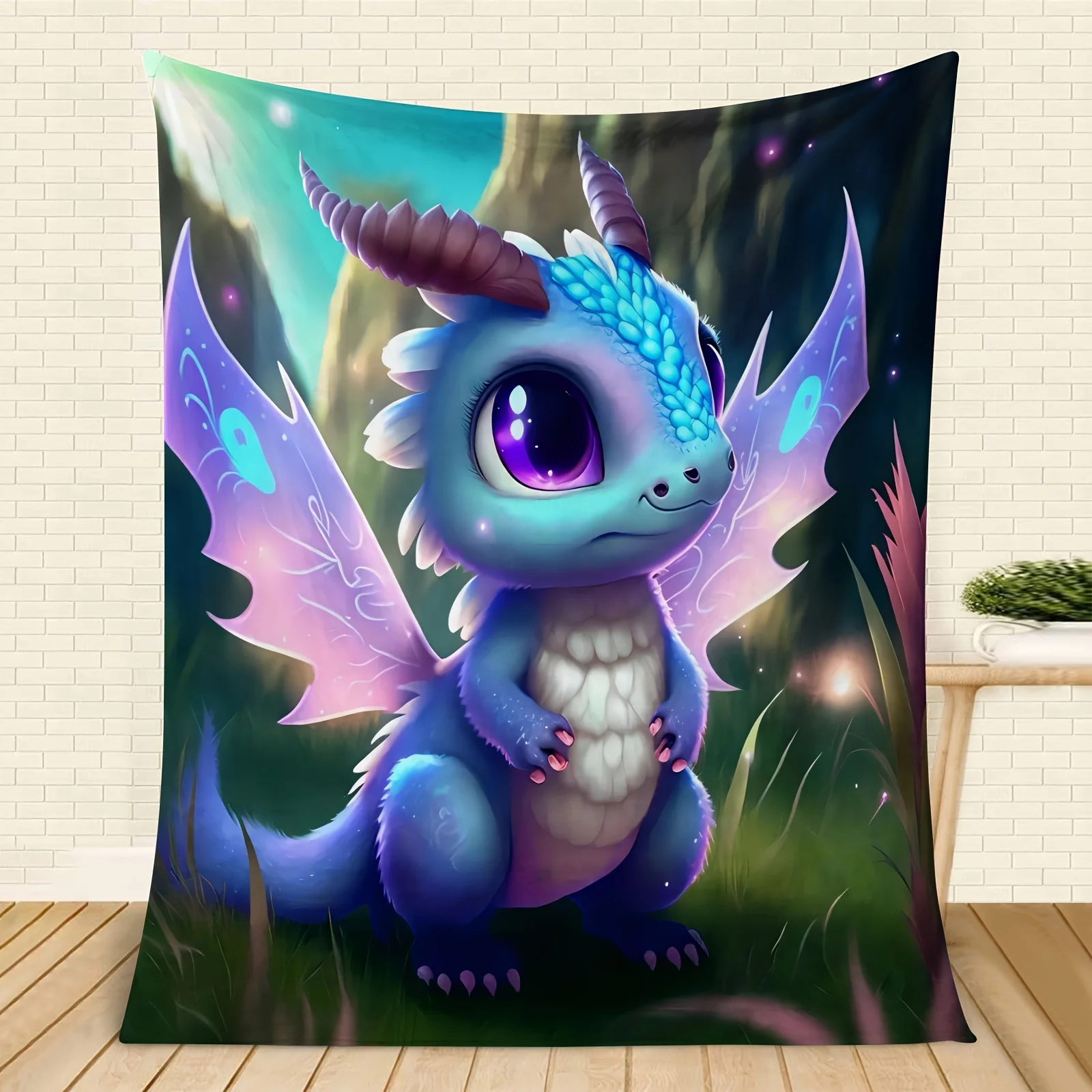 Newest Cute Blue Purple Fantasy Baby Dragon Forest Print Flannel Throw Blanket, Cartoon Creature Blanket for Sofa Bedroom