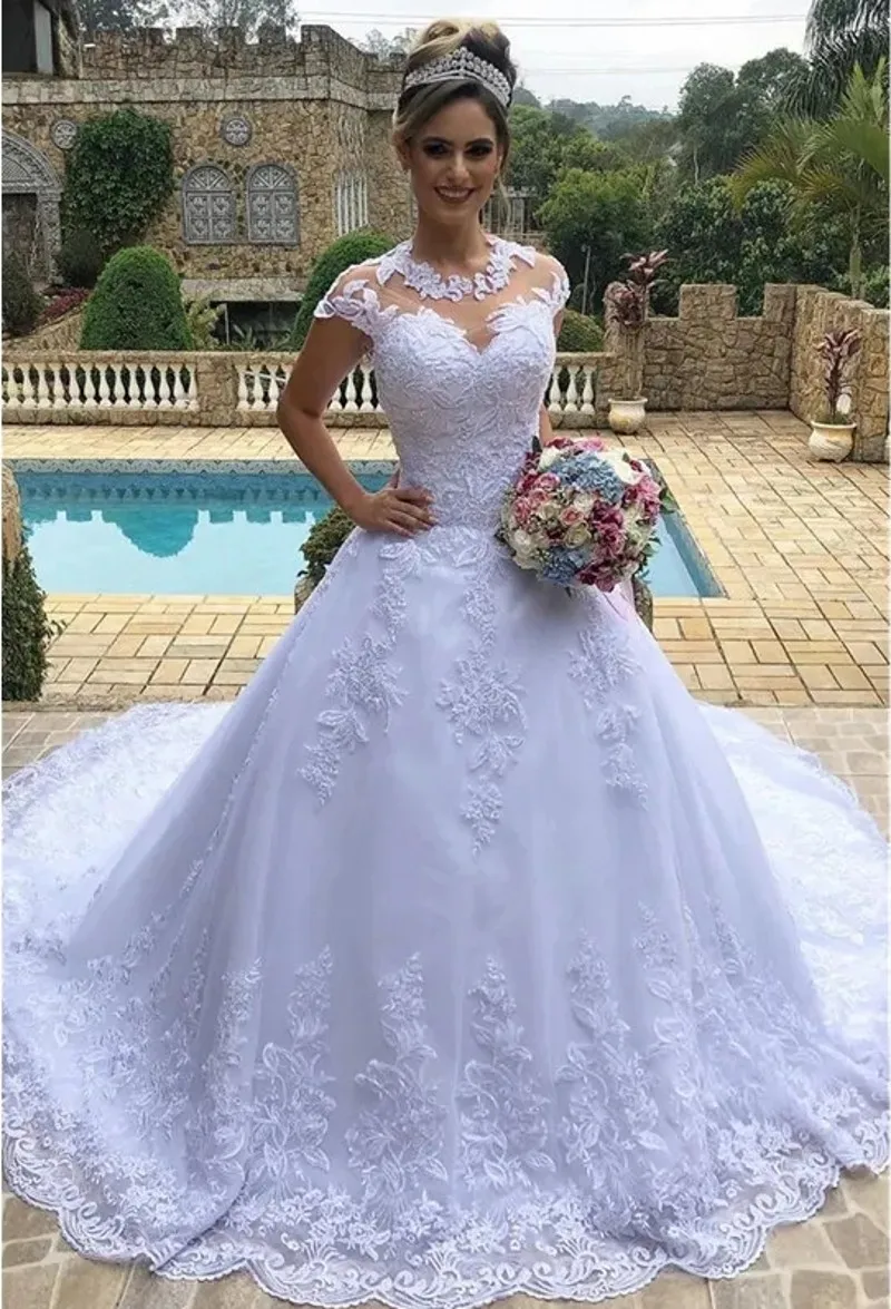2025 Vintage A-line vestido De novia Scoop Apliques De encaje mangas largas Vestidos De novia nupciales Vestidos De Noiva