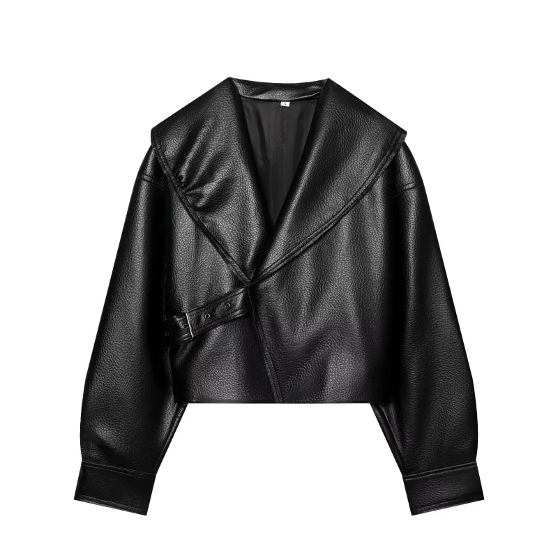Women's Autumn Winter Faux Leather Long Sleeve Jacket 2026 Turn-down Collar Loose Fit Casual Outerwear with Side Buckle