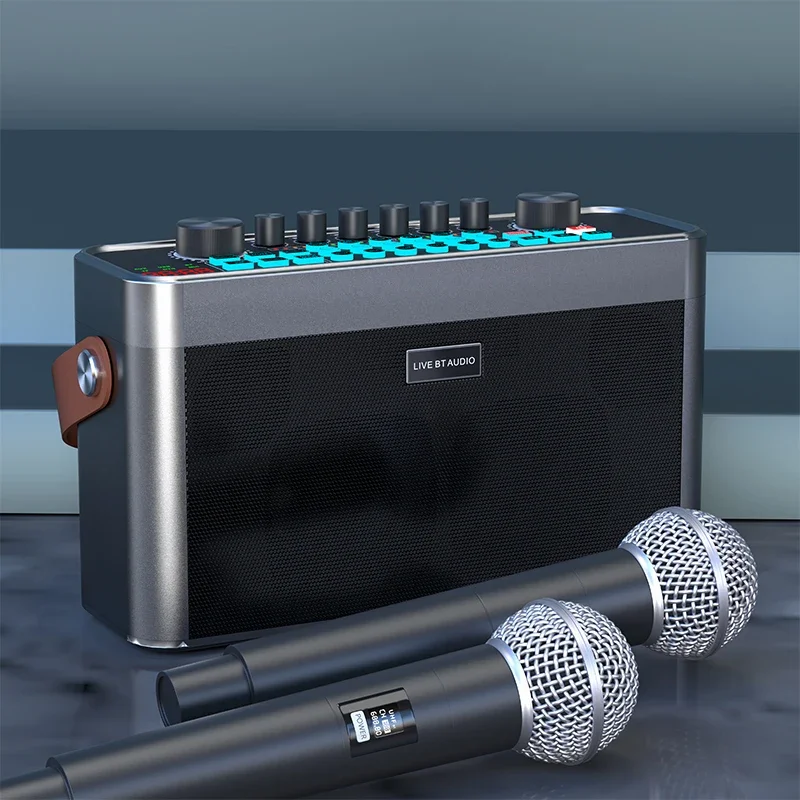 2023 Subwoofer sound card stage blue tooth bt speaker Home KTV portable Party Karaoke speaker with dual wireless microphone