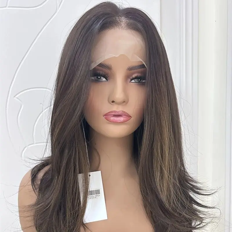 

Синтетический термостойкий парик без клея, с эффектом омбре, каштаново-коричневый с мелированием, с кружевной передней частью, для вечеринок и повседневного использования, с предварительно выщипанной линией роста волос