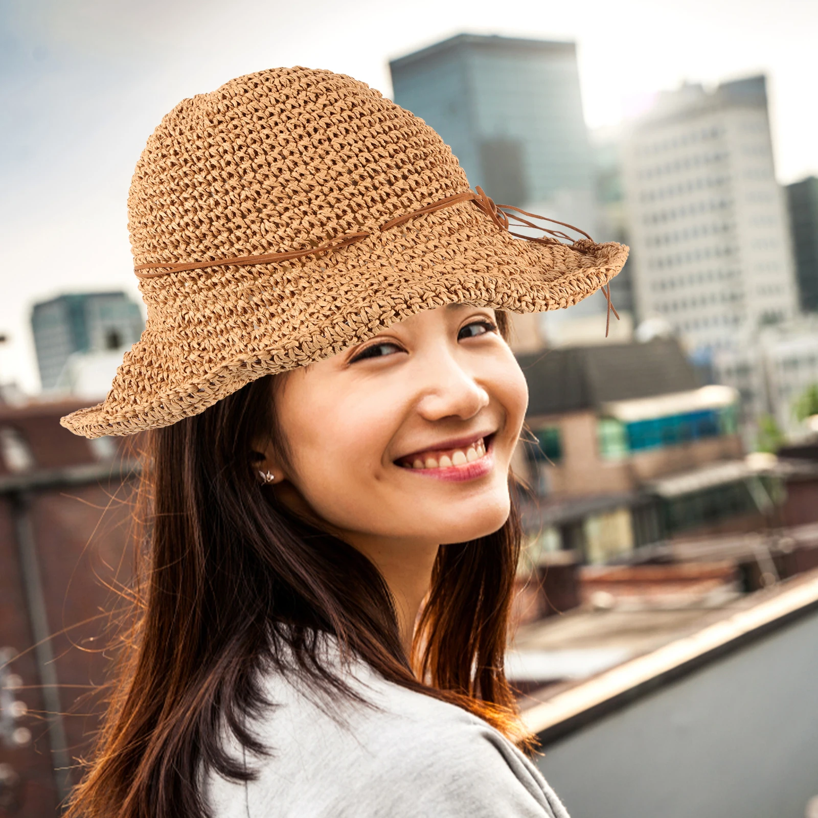 

Straw Sun Hat Wide Brim Beach Protection Cap Foldable Lady Headwear Summer Visor Outdoor Vacation Hat Sunscreen Fashion