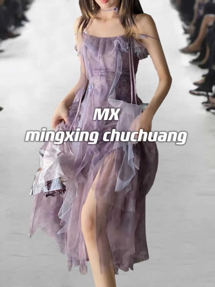 Elegant Summer Fairy Dress JZ Crafted Asymmetrical Holiday Vibes Strap Long Gown Women's High Waist Gown Non-stretch Fabric
