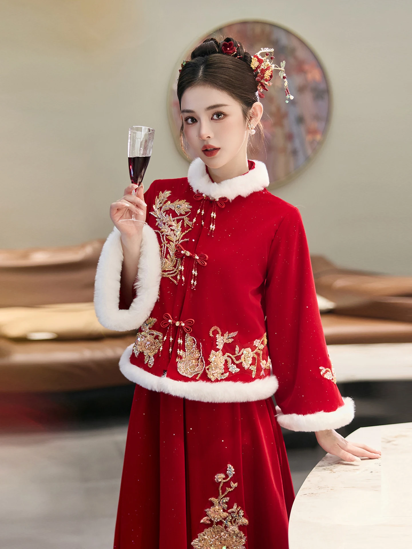 

Свадебный комплект больших размеров для беременных женщин: зимняя новинка, юбка А-силуэта с высокой талией и длинными рукавами для церемонии Цюй Е