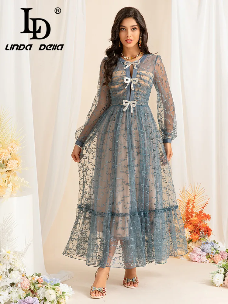 LD LINDA DELLA Sexy and Delicate Perspective Round Neck Mesh Splicing Printed Lantern Sleeves Bow Waisted Dress