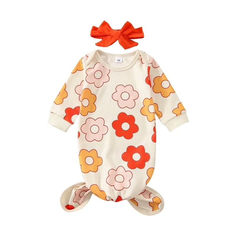 

Baby Sleeping Bag Flower Print Long Sleeve Round Neck Design Sleeping Bag Bow Hairband Cute Two-piece Set