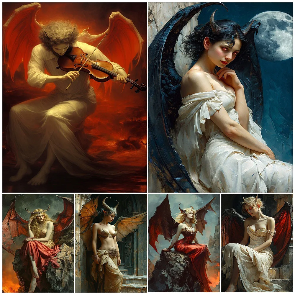 Pintura en lienzo de Arte de pared de demonio de Lilith y Succubus de alas Rojas, obra de arte de Witchy de la Academia oscura, póster e impresión, decoración del hogar sin marco