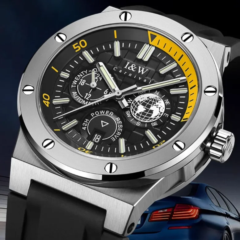 I&W Men Automatic Watch 42mm Mechanical Wristwatch Sport Waterproof Luminous Sapphire Mirror Power Reserve Indicator 24 Hours