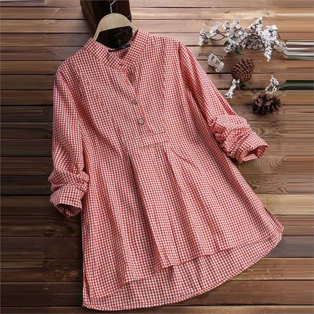 

Elegant Office Lady Irregular A-Line Blouse 2025 Checkered Printed Stand Up Collar Pullover Shirt Long Sleeved Women's Top Blusa