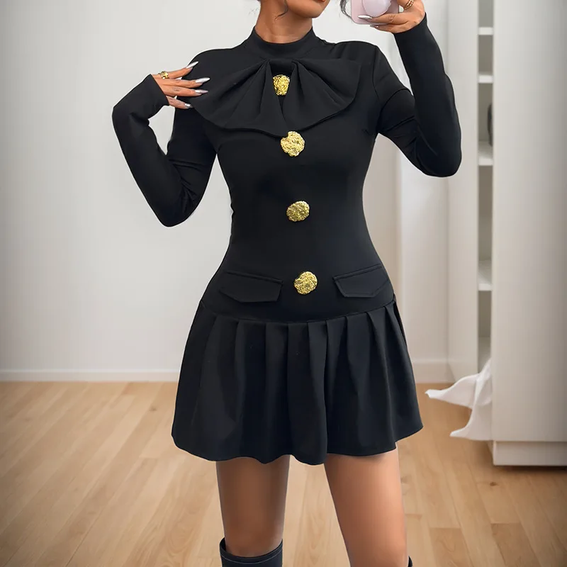 

Dress Women Mid Length Dresses A Line Vestidos Mock Neck Full Sleeve Elegant Splice Y2k Streetwear Party Night High Waist 2025