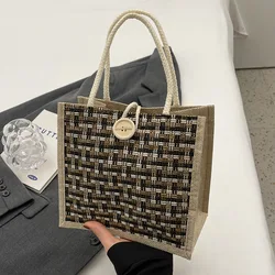 ISKYBOB Fashion Braided Pattern Jute Tote Bag Women Large Capacity Grocery Bag Portable Beach Shopping Bag Lunch Bag Linen Bag