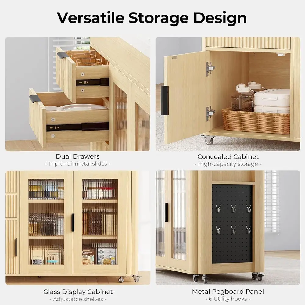 Oak Kitchen Island with Extendable Dining Table, Rolling Cart, Quartz Top, Storage, and Spice Rack