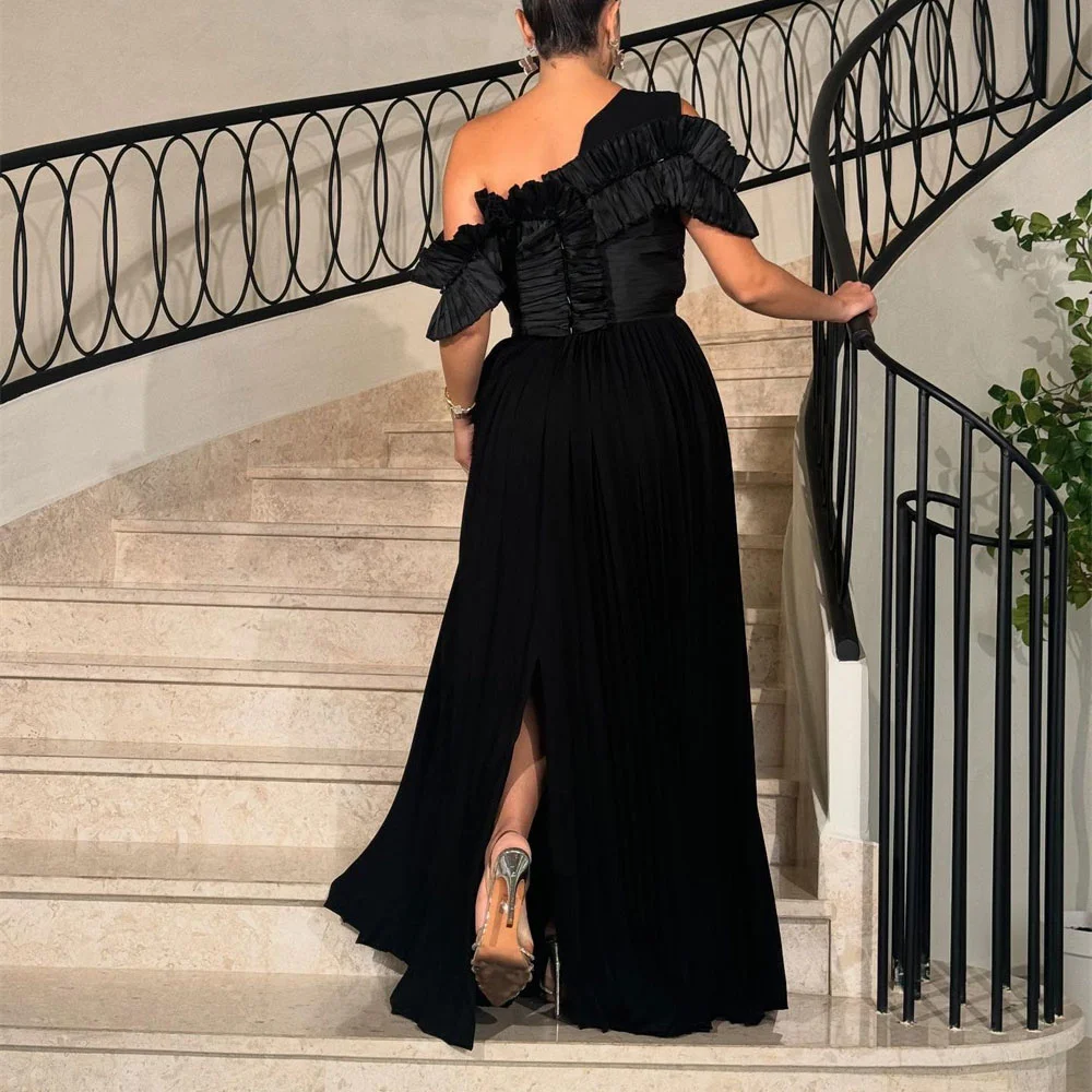 ROYET Black Pleat O Neck Short Sleeve A Line Classic Evening Party Dress Floor Length High Slit Sweep Train Prom Gown Customized