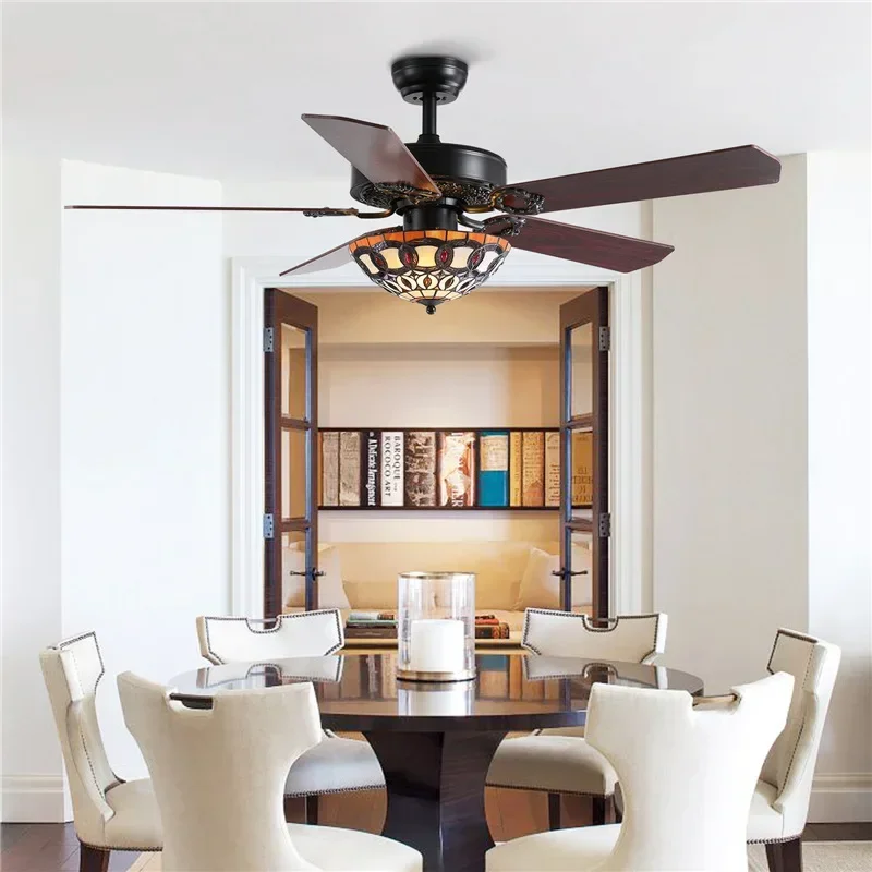 Retro style Ceiling Fan Light 110V 220V Wood Blades Fans Living Room Dining Room  Remote Control  Color Glas 52 Inch Fan