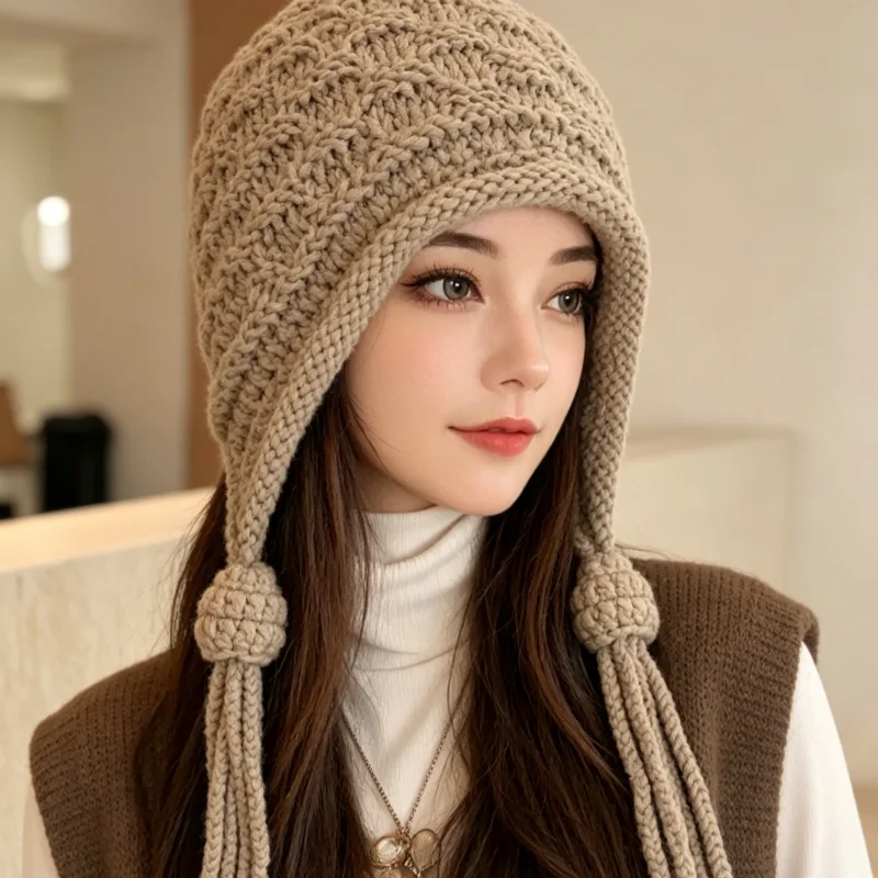 Unisex Winter Chunky Knit Ear Flap Hat Long Tassel Thermal Warm Beanie Cap Outdoor Ski Cycling Hat for Men Women Multiple Colors view 3