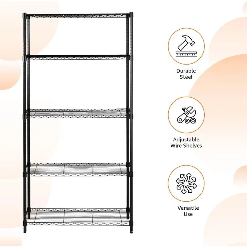 5-Shelf Adjustable Heavy Duty Steel Wire Rack Storage Shelving Organizer for Kitchen, Garage, 36