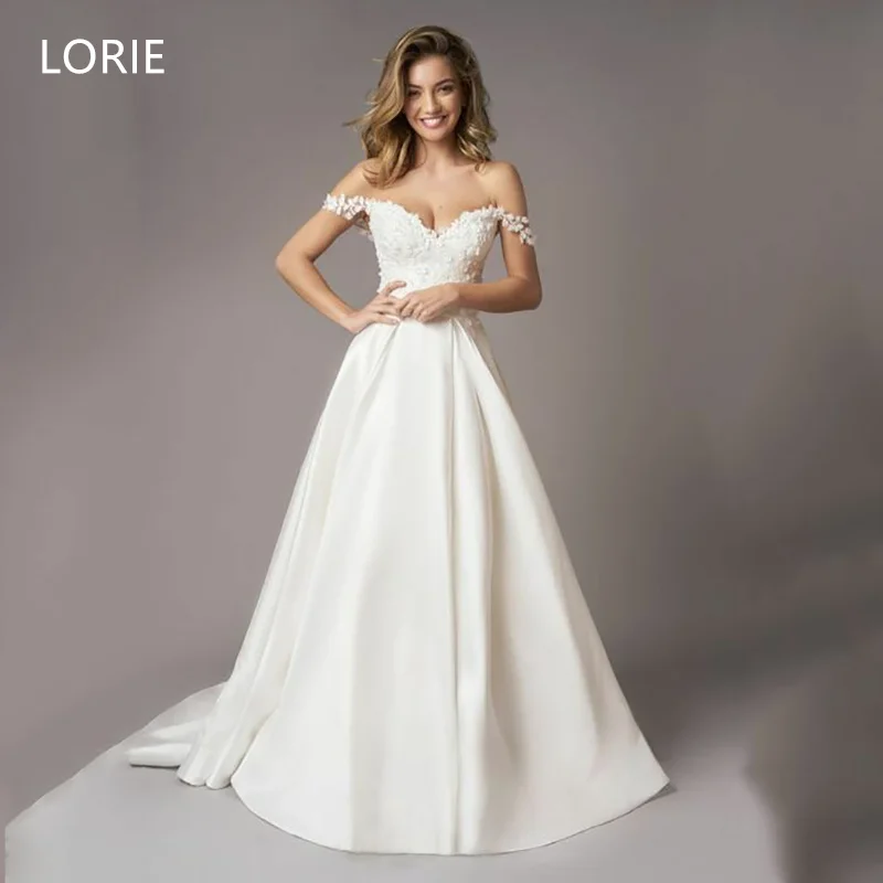 

LORIE Satin Off Shoulder A-line Lace Applique vestidos de novia Wedding Dress Bridal Gowns Backless Wedding Gown Customized 2025