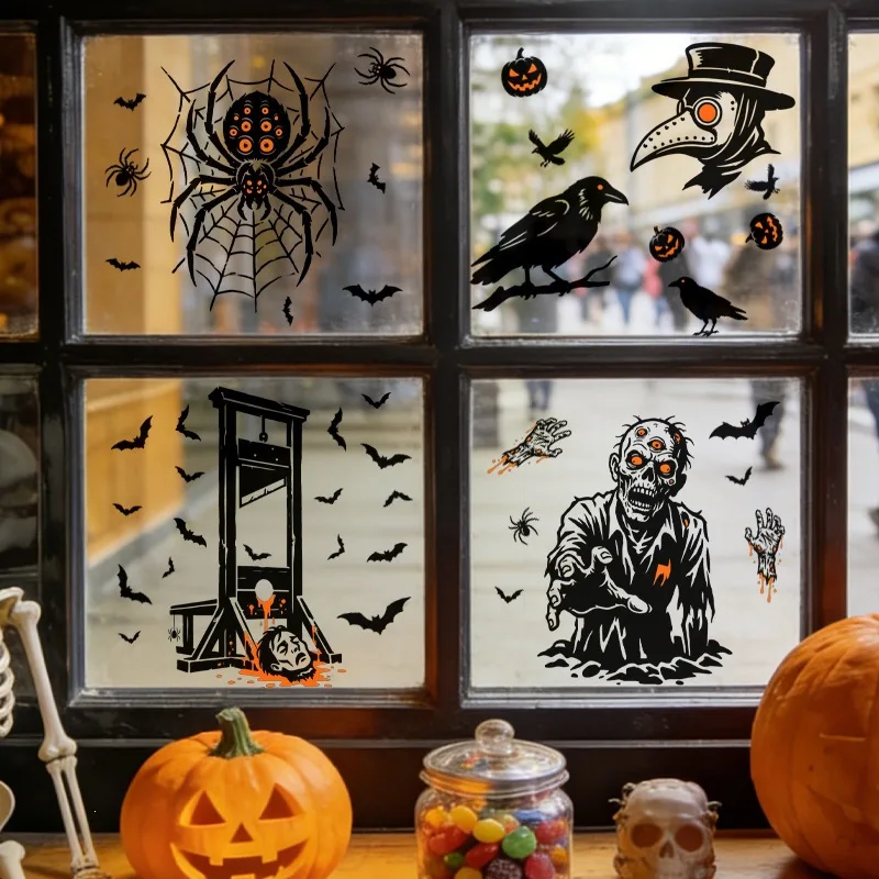 9 Sheets Halloween Tombstone Plague Doctor Church Guillotine Bat Static Window Clings, Glass Door Spooky Holiday Decor Stickers