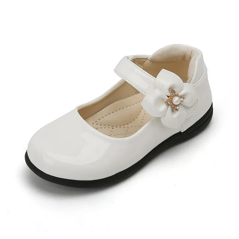 Girls Black Leather Shoes Princess Party Wedding Flowers with Pearls Sweet Girl Fashion Moccasin Kids Flats Versatile Mary Janes