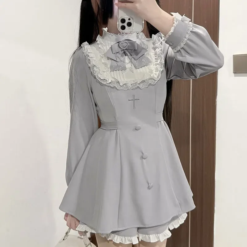 Japanese Style Mine Series Lace Black and White Splicing Long Sleeve Embroidery Slim Lolita Dress Shorts Two-piece Set Women