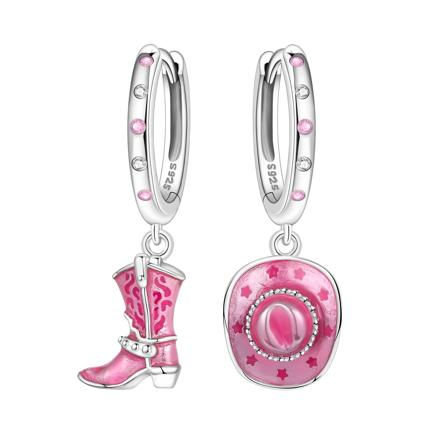 PANPOKI 925 Sterling Silver Pink Denim Hat Boots Earring Key Lock Earrings Drop Earrings For Women Party Gifts Trendy Jewelry