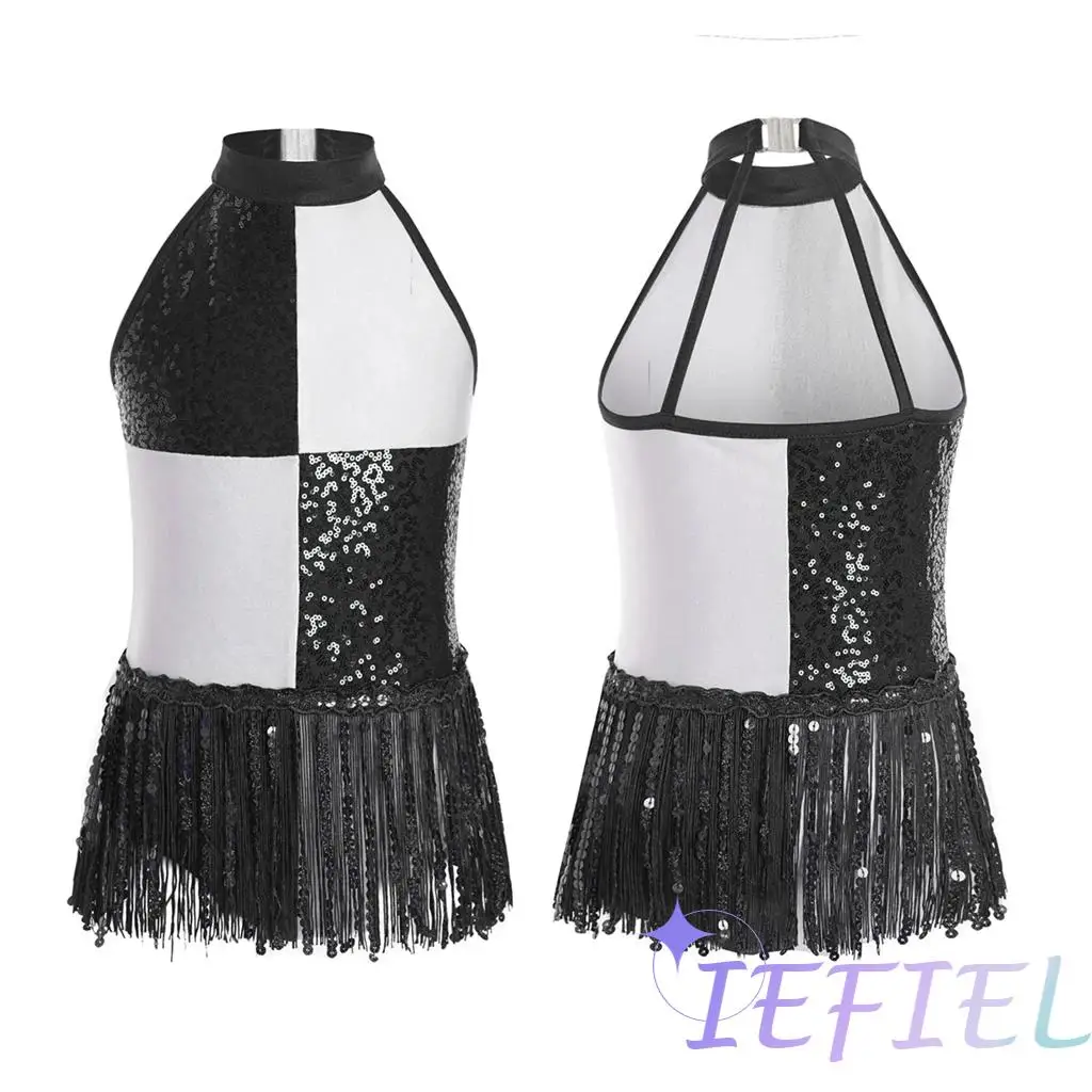 

Kids Shiny Sequins Tassel Latin Leotards for Modern Lyrical Jazz Ballet Dancewear Girls Sleeveless Figure Skating Performance