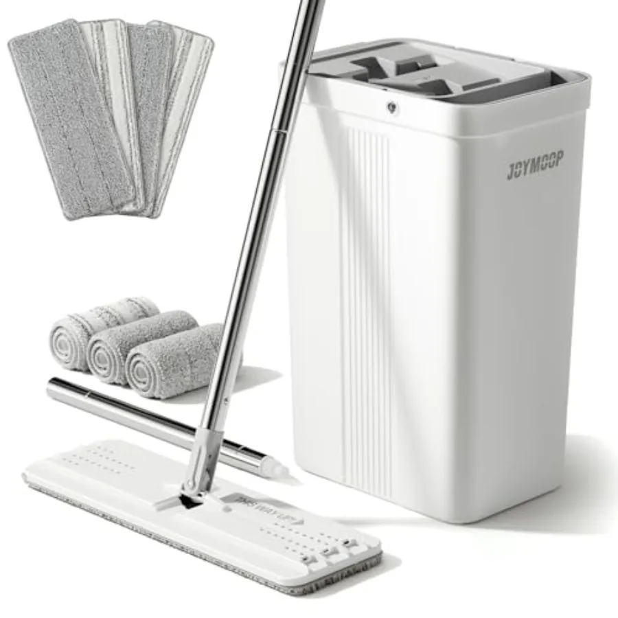 

Mop and Bucket with Wringer Set with 61" Mop Handle with Flexible 13" Flat Head with 7pcs Microfiber Mop Pads - White