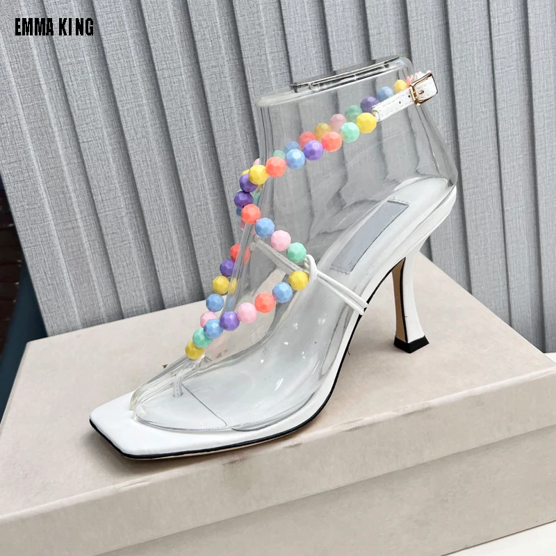 

2023 Women Summer PVC Transparent Colorful Pearl Ankle Boots Peep Toe Stiletto Clear High Heels Booties Designer Shoes