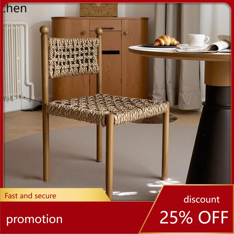 

LXC Solid Wood Dining Chair Home Restaurant Rope Woven Backrest Chair Hotel Cafe Negotiation Chair