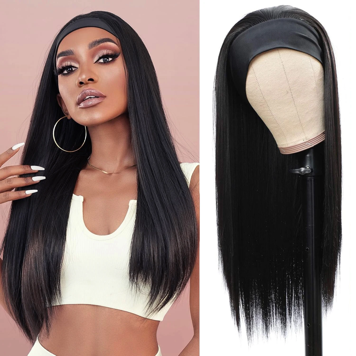 

Synthetic Straight Headband Wig for Women Black Long Straight Headband Wig Heat Resistant Natutal Looking for Daily Party Use