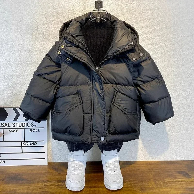 Boys' Down Cotton Jacket Winter Clothing Children's Cotton Coat Trendy and Cool Baby's Medium and Long Hooded Warm Cardigan