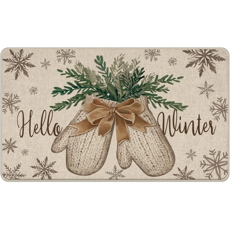 

Hello Winter Mitten Front Door Mat Pine Needle Snowflake Indoor Outdoor Non-Slip Floor Entryway Rug Home Kitchen Decoration